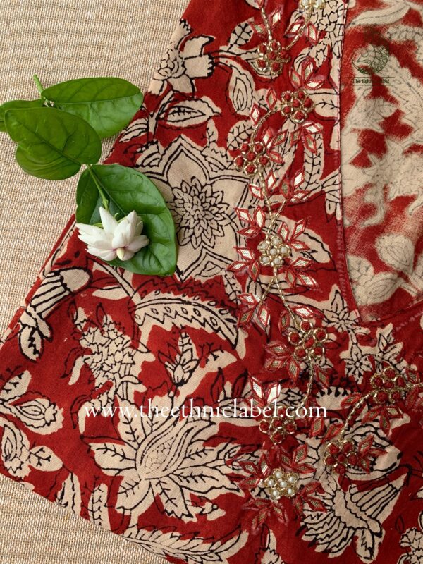 "Amira" Hand Embroidered Bagru Block Printed Cotton kurta - Image 3