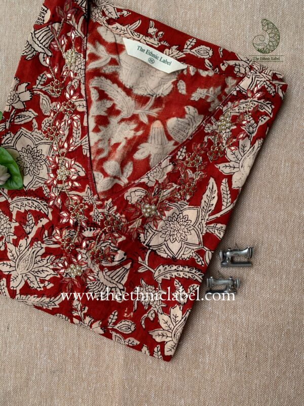 "Amira" Hand Embroidered Bagru Block Printed Cotton kurta - Image 5