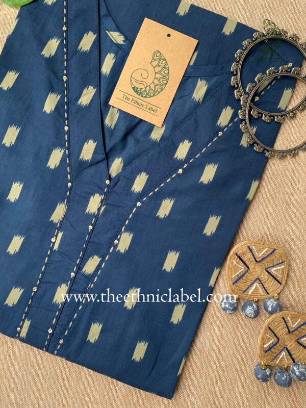 Dark Blue "Ikat" Kantha Cotton Kurta - Image 3