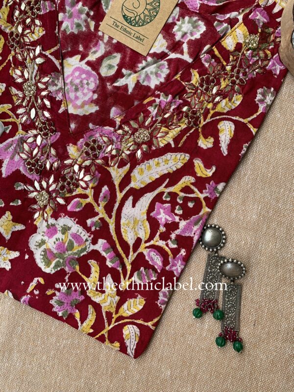 "Aarohi" Hand Embroidered Block Printed Cotton kurta - Image 2