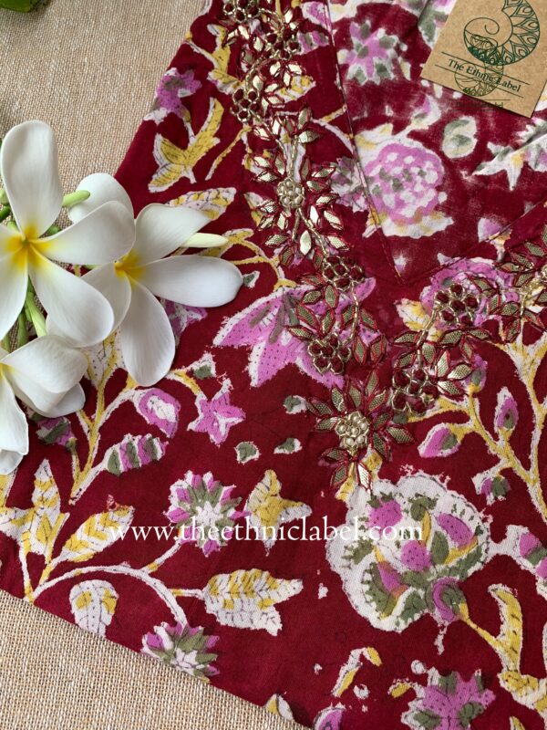 "Aarohi" Hand Embroidered Block Printed Cotton kurta - Image 3