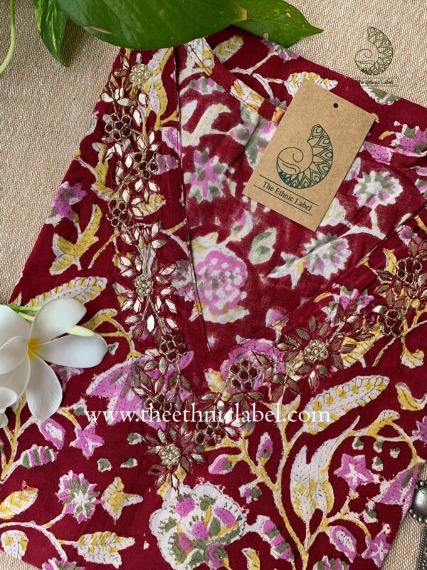 "Aarohi" Hand Embroidered Block Printed Cotton kurta - Image 4
