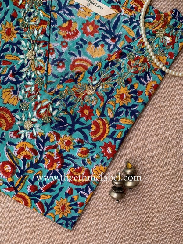 "Afsha" Hand Embroidered Block Printed Cotton kurta - Image 3