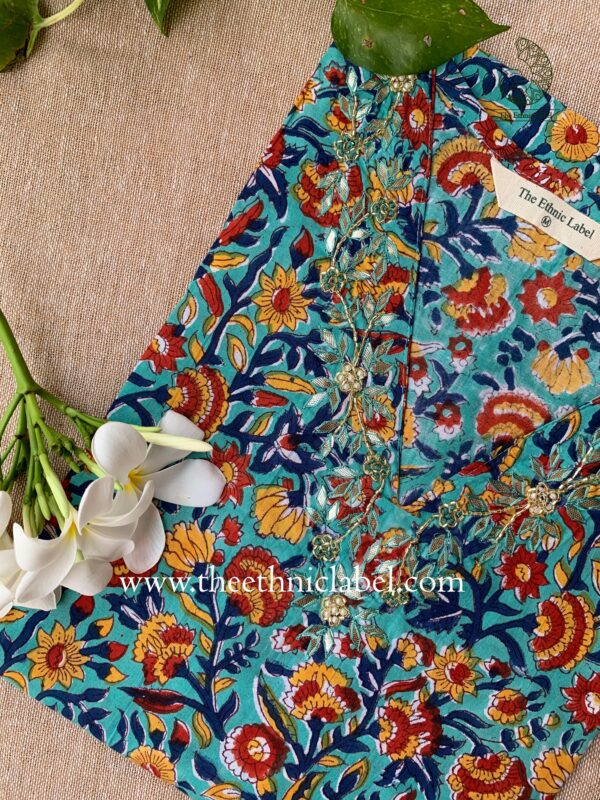 "Afsha" Hand Embroidered Block Printed Cotton kurta - Image 4