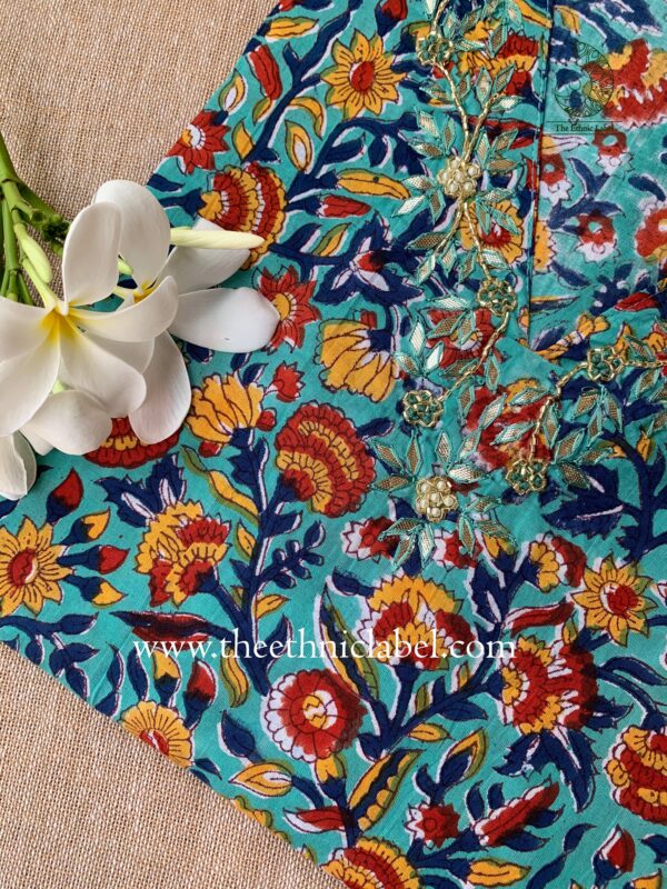 "Afsha" Hand Embroidered Block Printed Cotton kurta - Image 5