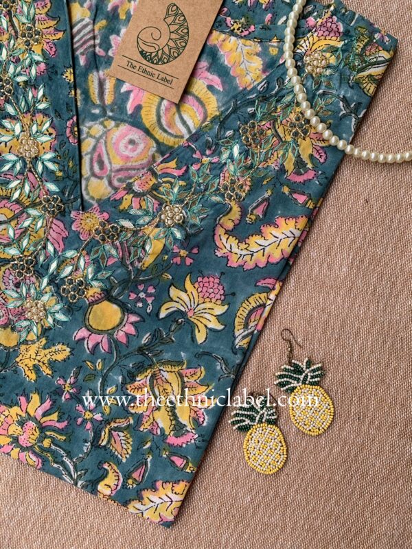 "Akshara" Hand Embroidered Block Printed Cotton kurta - Image 2