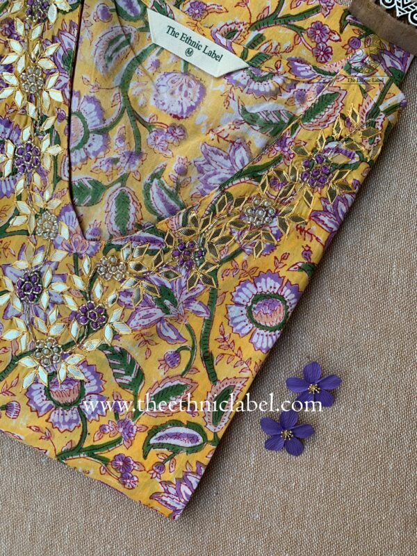 "Aaradhya" Hand Embroidered Block Printed Cotton kurta - Image 2