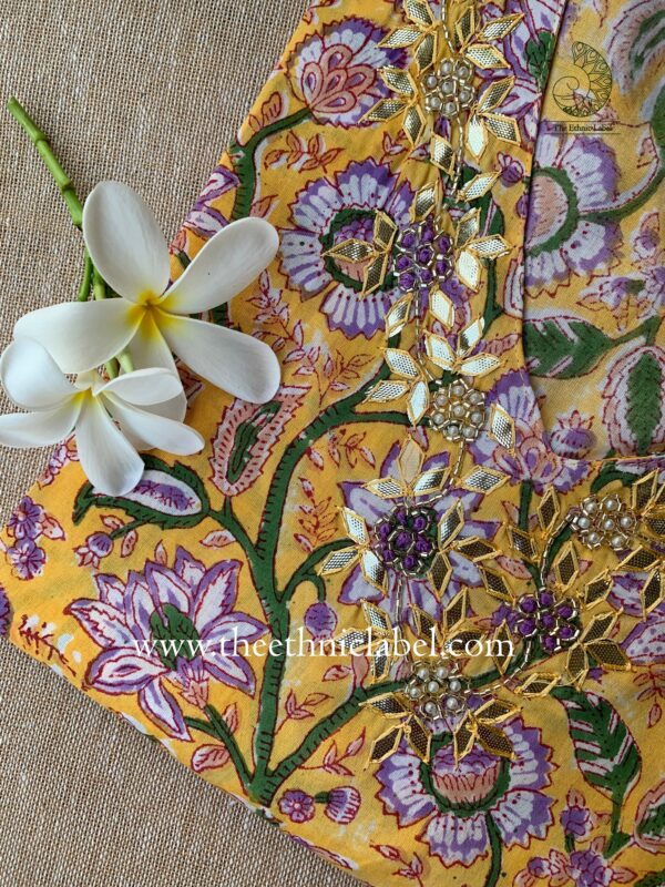 "Aaradhya" Hand Embroidered Block Printed Cotton kurta - Image 4