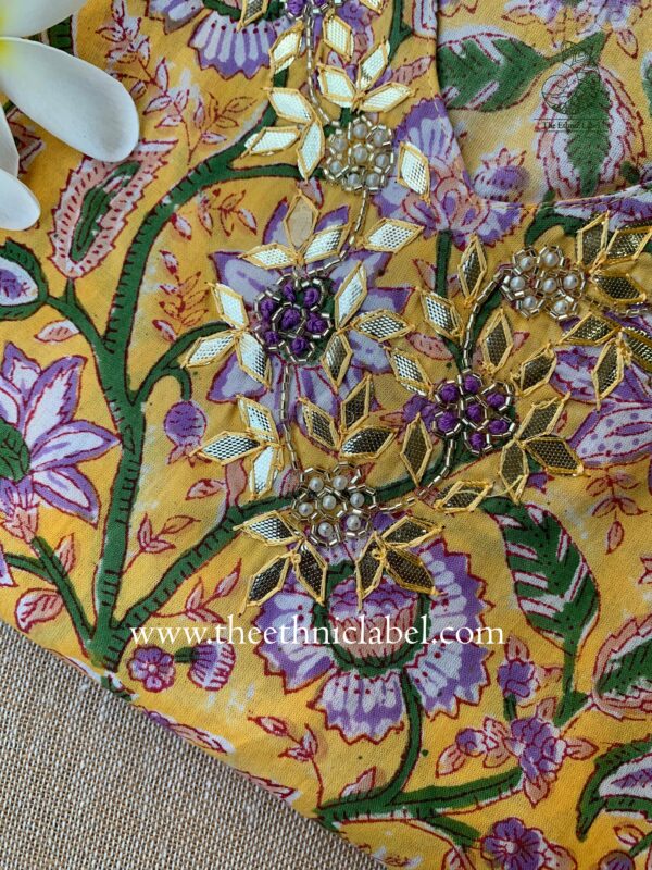 "Aaradhya" Hand Embroidered Block Printed Cotton kurta - Image 3