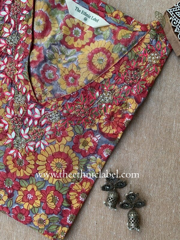 "Suvarna" Hand Embroidered Block Printed Cotton kurta - Image 3