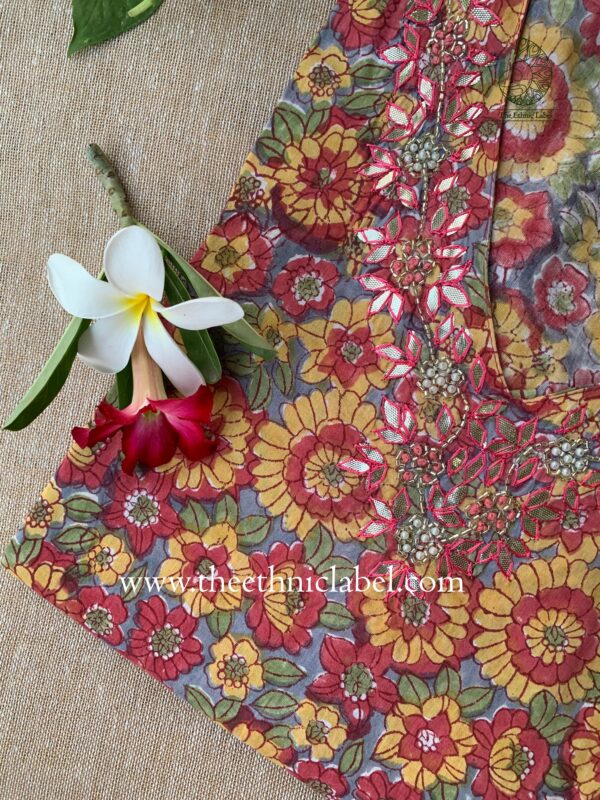 "Suvarna" Hand Embroidered Block Printed Cotton kurta - Image 4