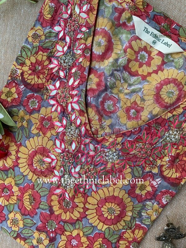 "Suvarna" Hand Embroidered Block Printed Cotton kurta - Image 2