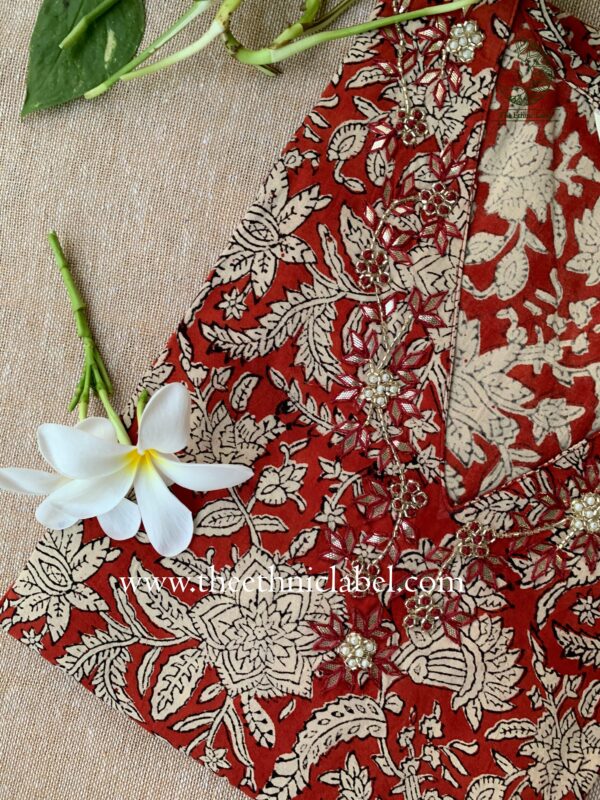 "Chitra" Hand Embroidered Bagru Block Printed Cotton kurta - Image 4