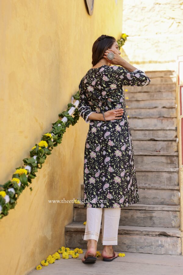Black Petunia Sanganeri Hand Block Printed laced Cotton kurta - Image 3