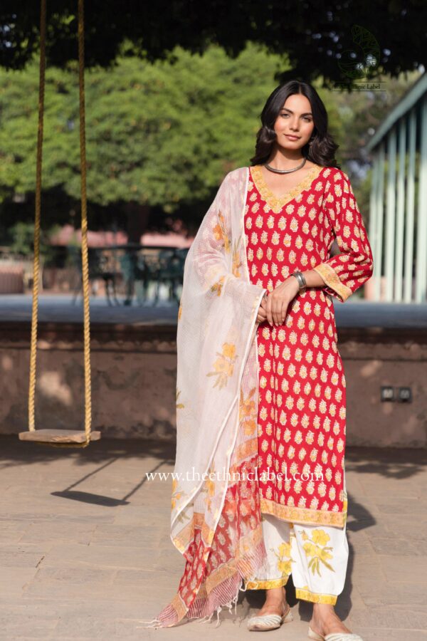 "Aadhira" Cotton Kurta Set with Kota Doria Dupatta(3pc) - Image 3