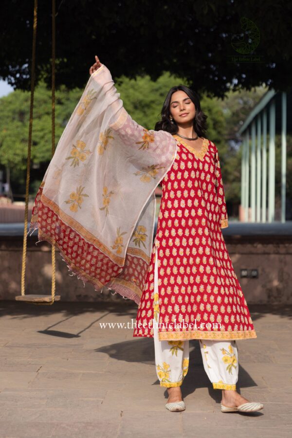 "Aadhira" Cotton Kurta Set with Kota Doria Dupatta(3pc) - Image 4