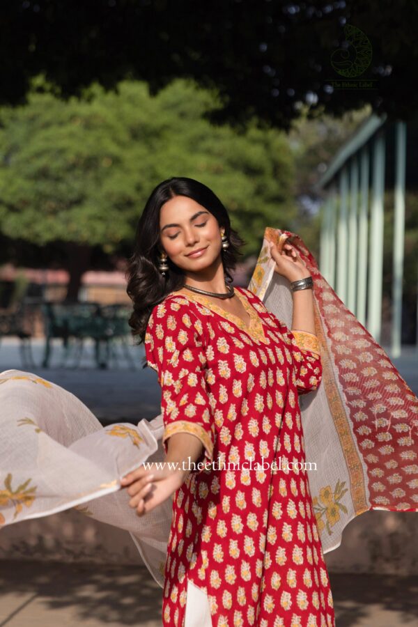 "Aadhira" Cotton Kurta Set with Kota Doria Dupatta(3pc) - Image 8