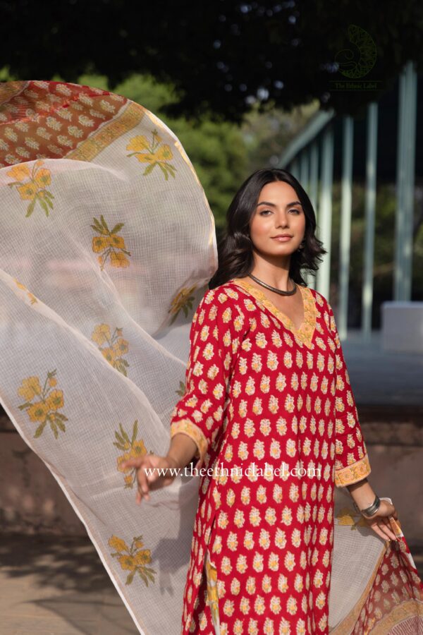 "Aadhira" Cotton Kurta Set with Kota Doria Dupatta(3pc) - Image 9