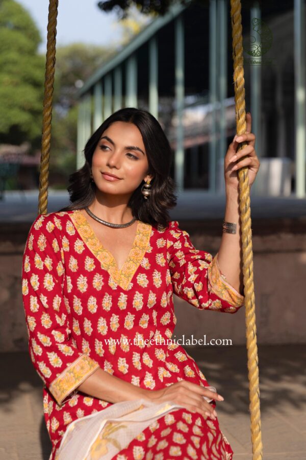 "Aadhira" Cotton Kurta Set with Kota Doria Dupatta(3pc) - Image 2