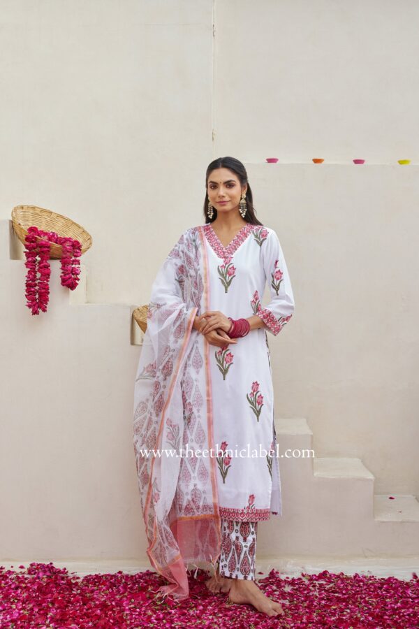 "Anaisha" Cotton Kurta Set with Kota Doria Dupatta(3pc) - Image 8