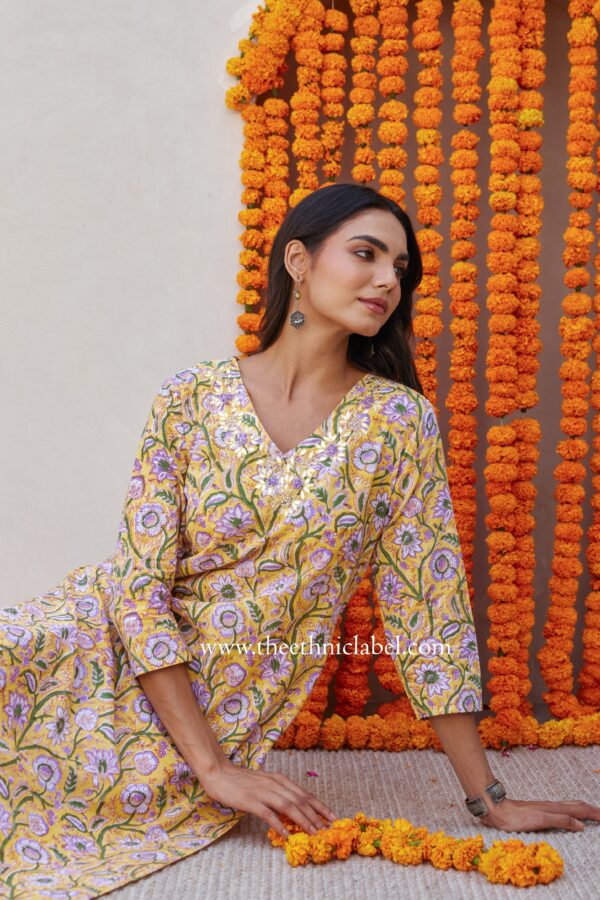 "Aaradhya" Hand Embroidered Block Printed Cotton kurta - Image 6