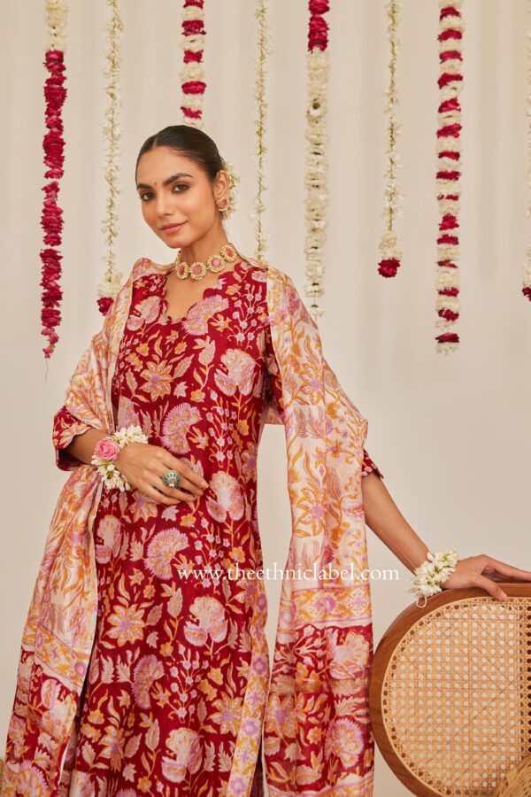 "Vedika" Red Scalloped Hand Block Printed Chanderi Suit Set (3pc) - Image 6