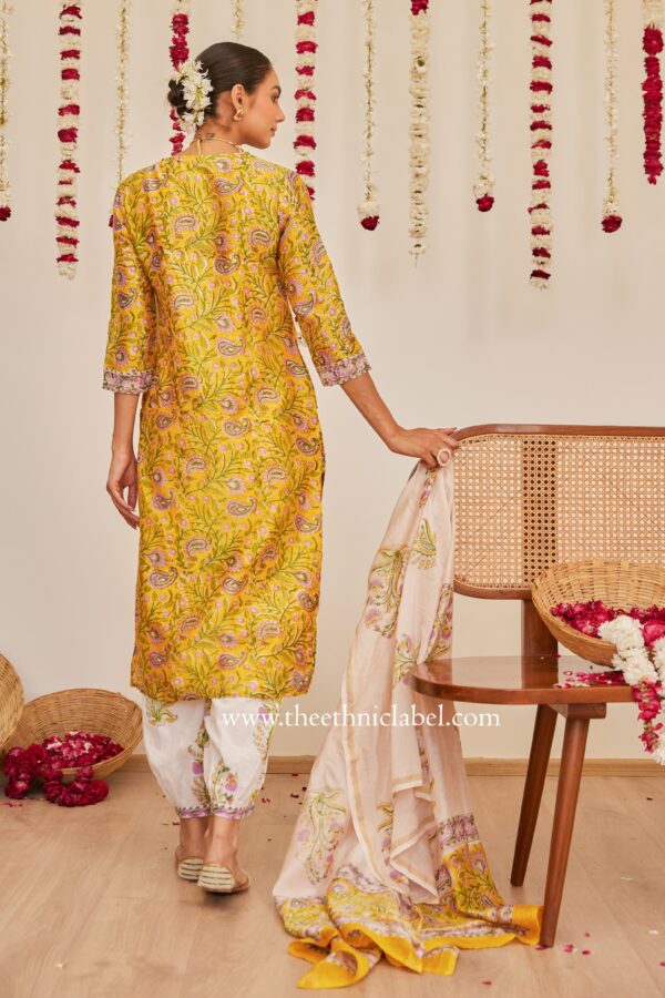 "Meera" Yellow Hand Block Printed Chanderi Suit Set (3pc) - Image 2