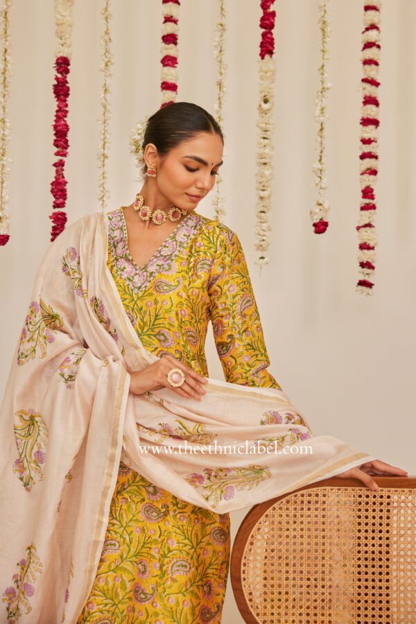 "Meera" Yellow Hand Block Printed Chanderi Suit Set (3pc) - Image 3