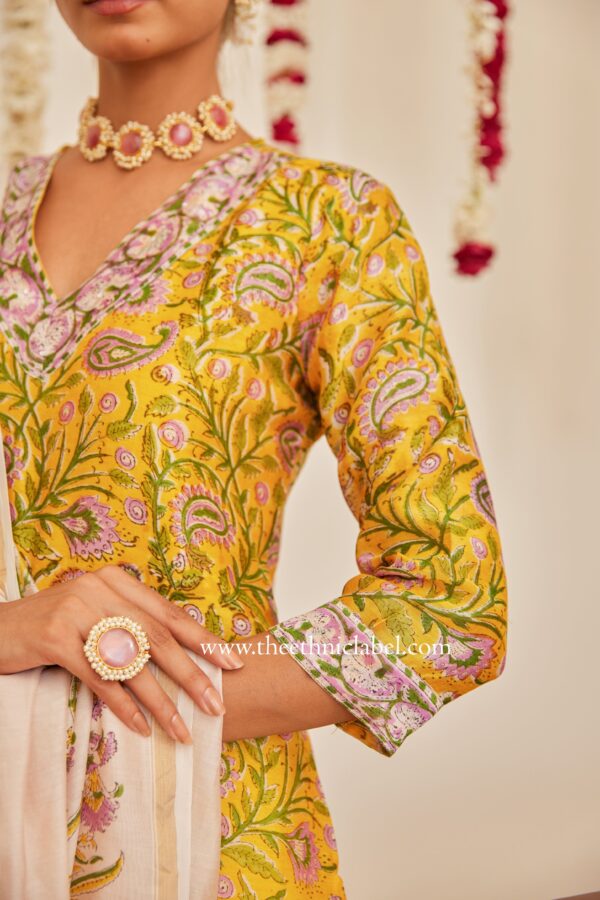 "Meera" Yellow Hand Block Printed Chanderi Suit Set (3pc) - Image 4