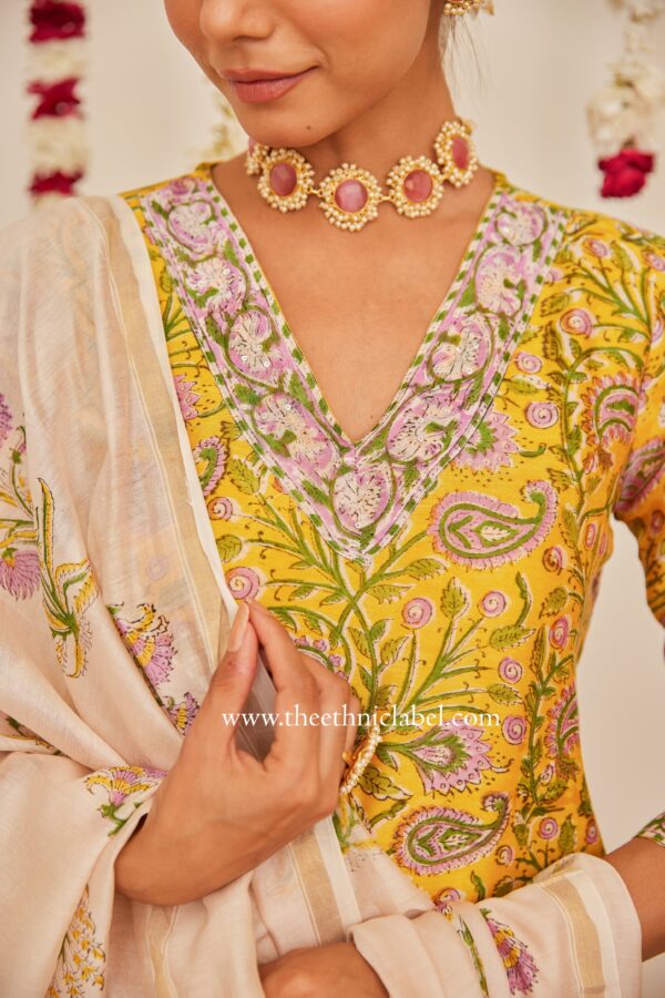 "Meera" Yellow Hand Block Printed Chanderi Suit Set (3pc) - Image 5