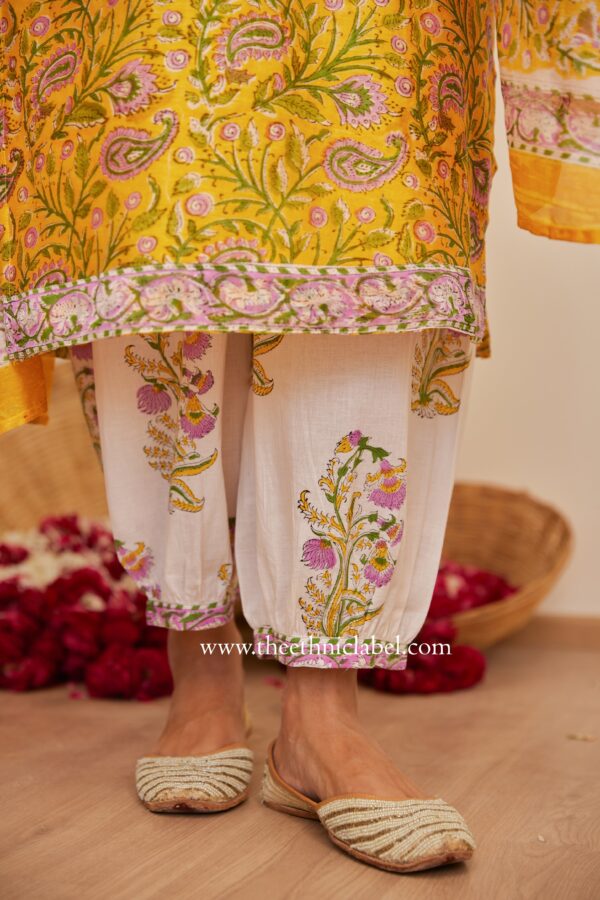 "Meera" Yellow Hand Block Printed Chanderi Suit Set (3pc) - Image 6