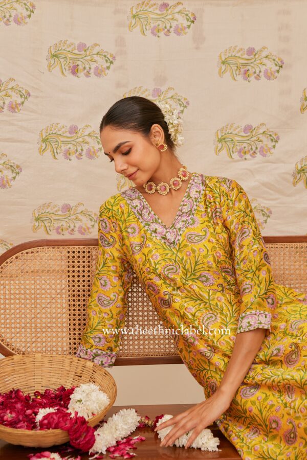 "Meera" Yellow Hand Block Printed Chanderi Suit Set (3pc) - Image 7